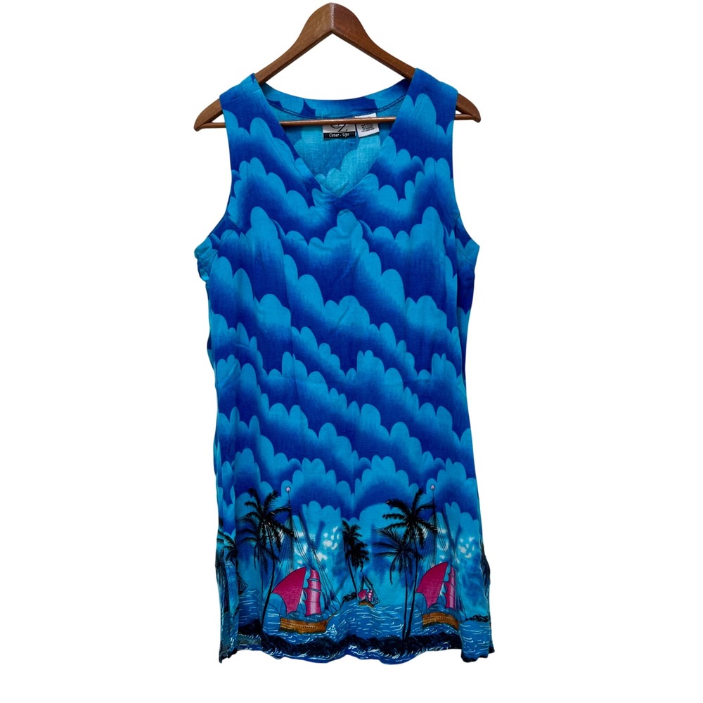 CZ Cover-Ups Womens XL Blue Tropical Sailboat Palm Tree Rayon Shift Coverup